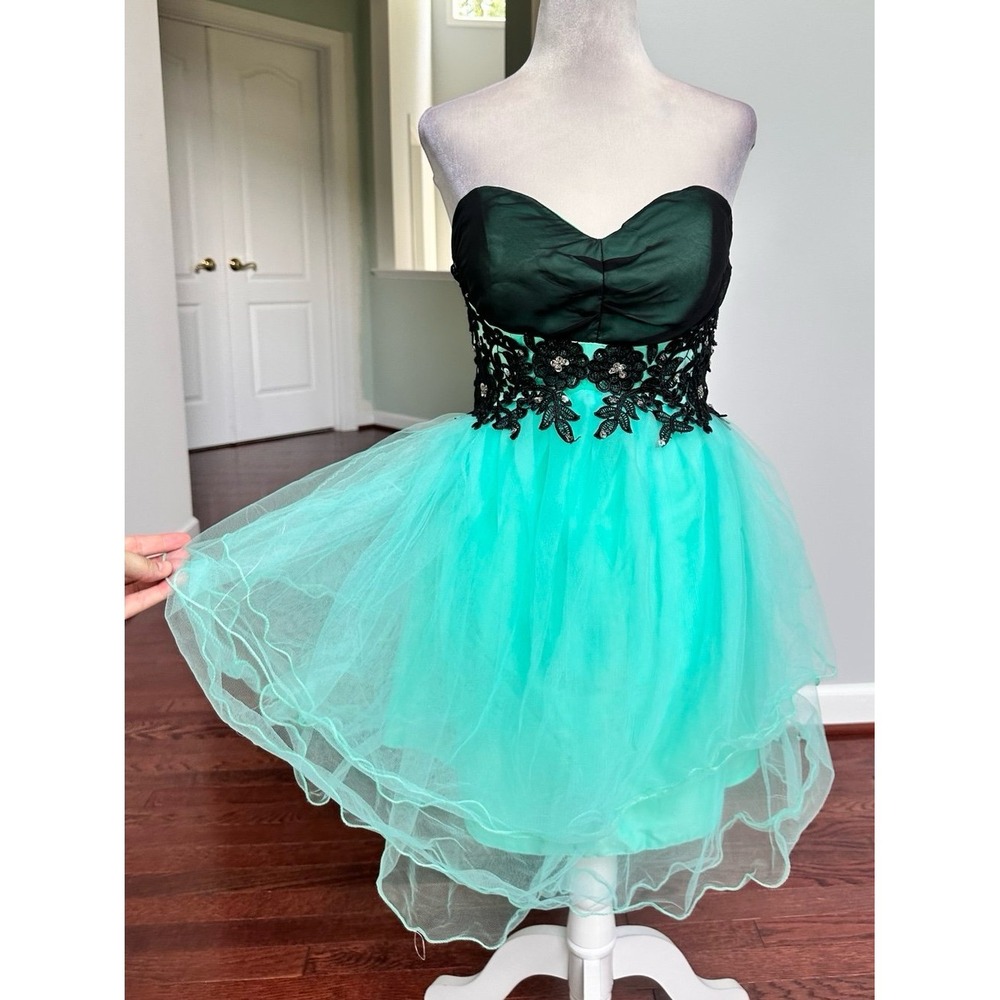 Custom Strapless Black Lace Mint Green Corset Back Cocktail Mini Dress Small - Picture 6 of 12